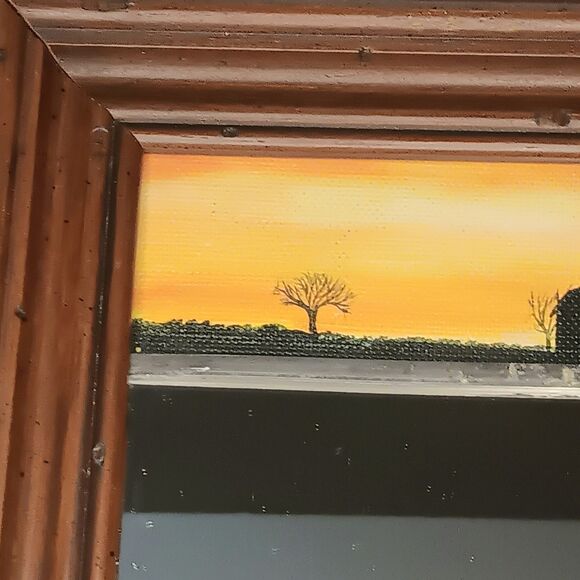 Vintage Small Painting W/ Mirror Barn Windmill Landscape Sunset Framed Rustic - Picture 8 of 12